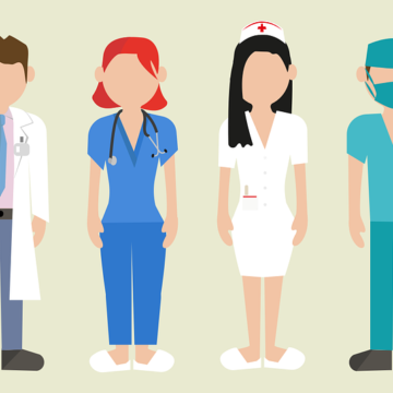 Grafik mit 4 Personen nebeneinander: Arzt, MFA, Krankenschwester, Chirurg