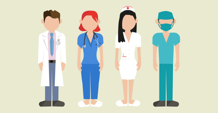 Grafik mit 4 Personen nebeneinander: Arzt, MFA, Krankenschwester, Chirurg